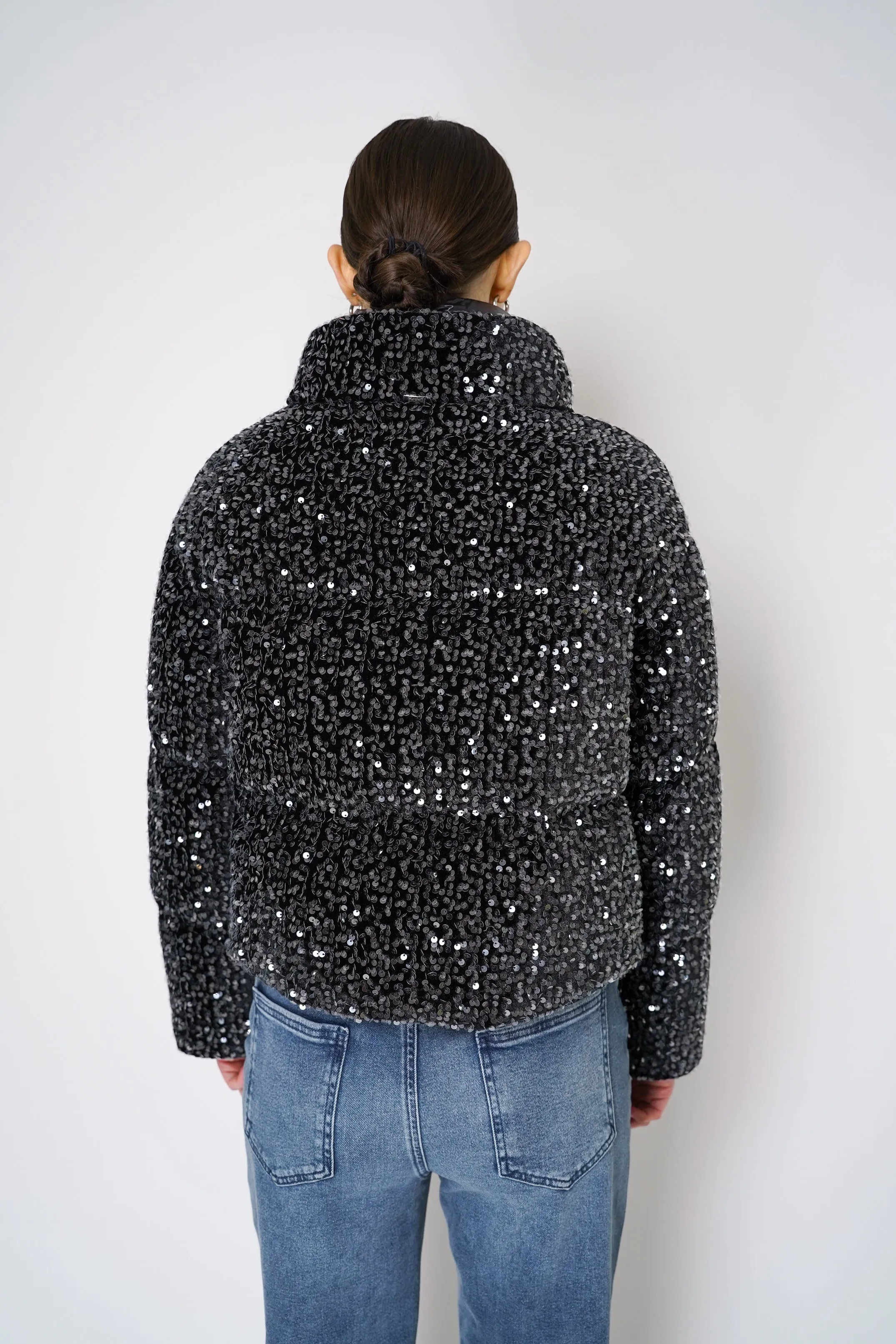 Herno High Neck Padded Sequined Jacket in Black