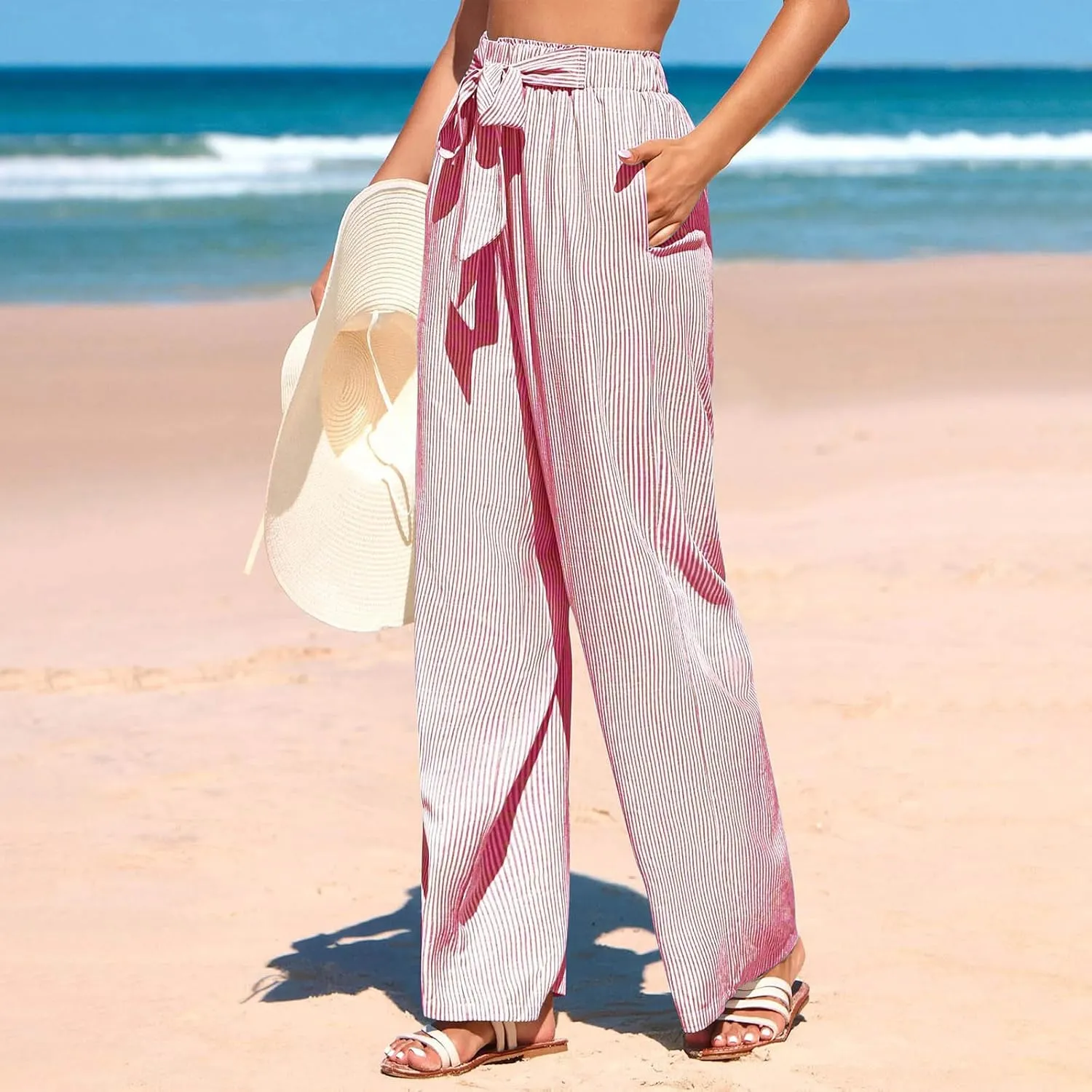 High Waisted Palazzo Pants for Women Wide Leg Paperbag Pant Casual Summer Flowy Lounge Trousers Beach Boho Outfits