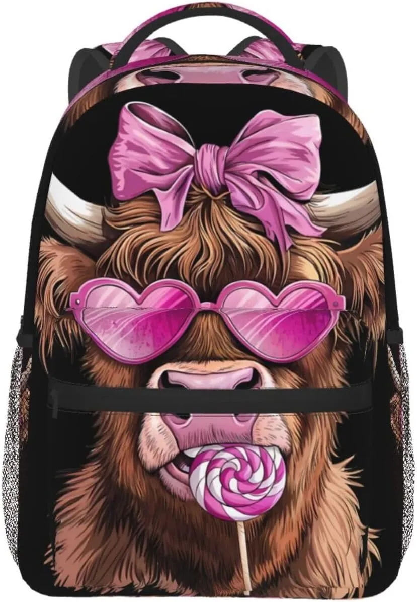 Highland Cow Pink Heart Glasses Lollipop Bow Valentine Backpack Casual Laptop Backpack Lightweight Double Shoulder Bag Travel Daypack For Women Men
