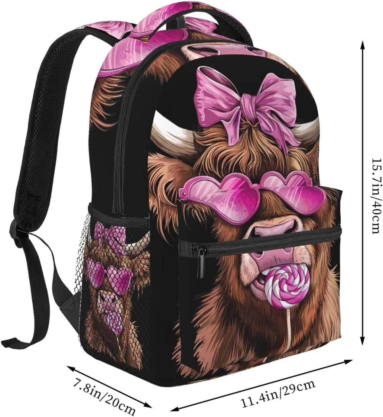 Highland Cow Pink Heart Glasses Lollipop Bow Valentine Backpack Casual Laptop Backpack Lightweight Double Shoulder Bag Travel Daypack For Women Men