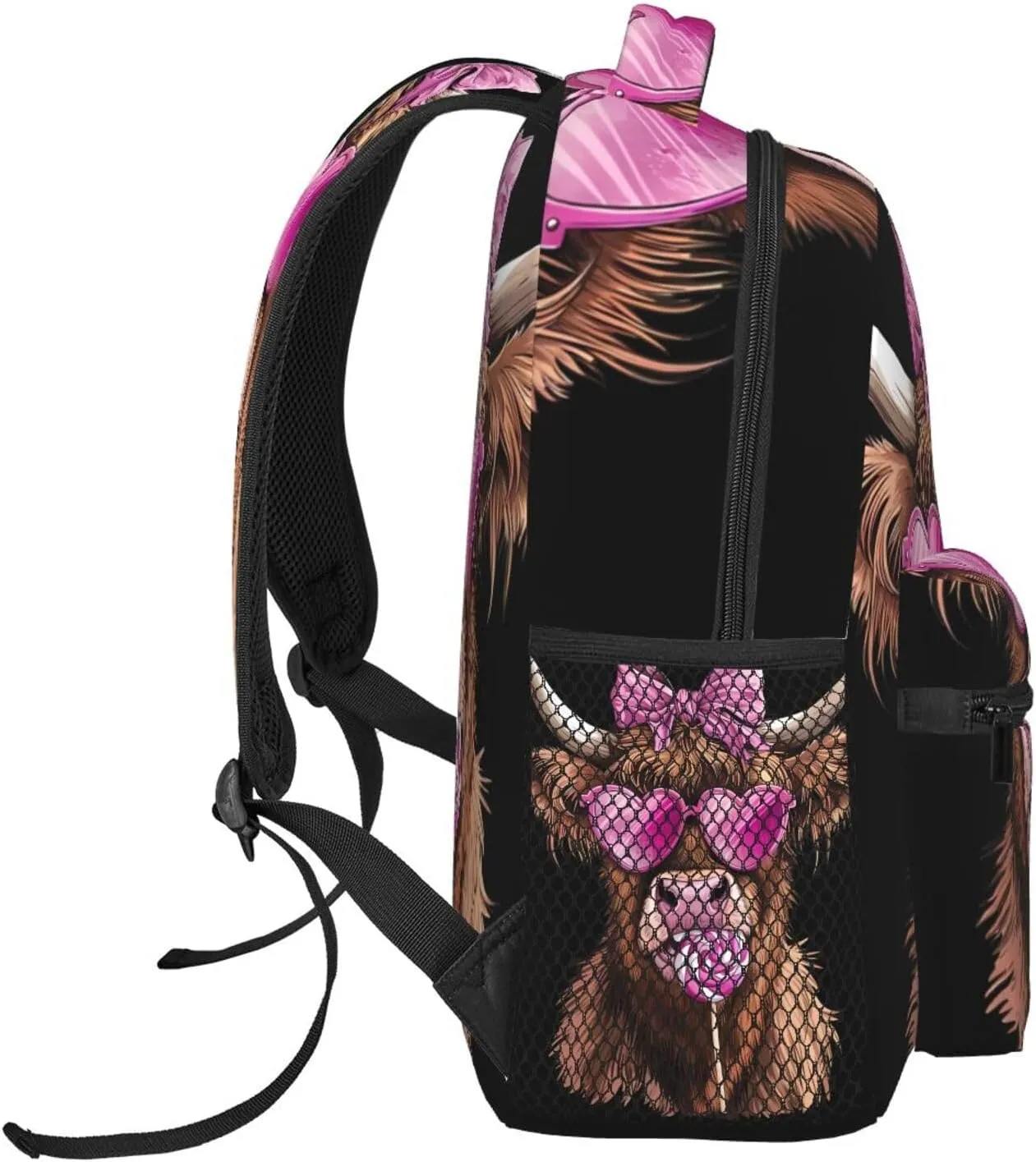 Highland Cow Pink Heart Glasses Lollipop Bow Valentine Backpack Casual Laptop Backpack Lightweight Double Shoulder Bag Travel Daypack For Women Men