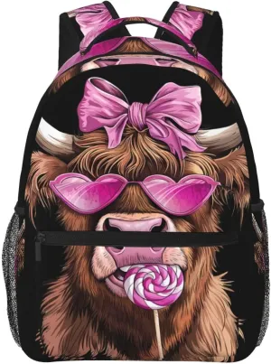 Highland Cow Pink Heart Glasses Lollipop Bow Valentine Backpack Casual Laptop Backpack Lightweight Double Shoulder Bag Travel Daypack For Women Men
