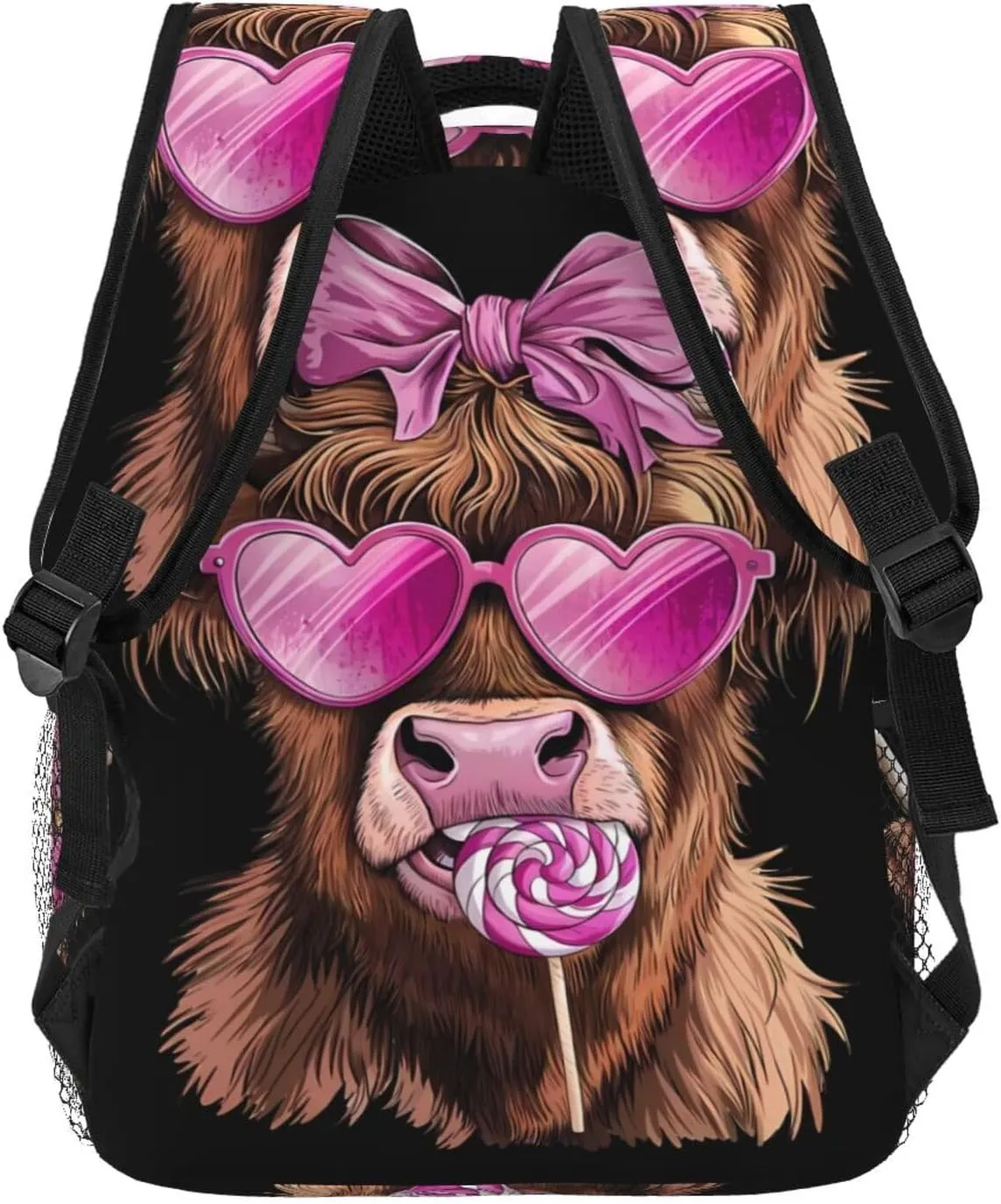 Highland Cow Pink Heart Glasses Lollipop Bow Valentine Backpack Casual Laptop Backpack Lightweight Double Shoulder Bag Travel Daypack For Women Men