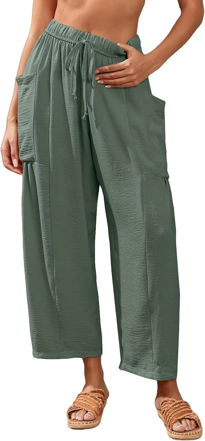 HOTIAN Women Wide Leg Pants Summer Casual Beach Loose Fit Drawstring Palazzo Harem Pant with Pockets