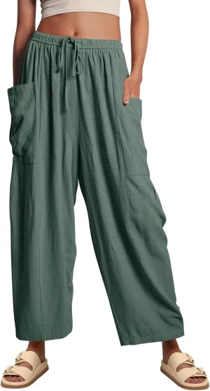 HOTIAN Women Wide Leg Pants Summer Casual Beach Loose Fit Drawstring Palazzo Harem Pant with Pockets