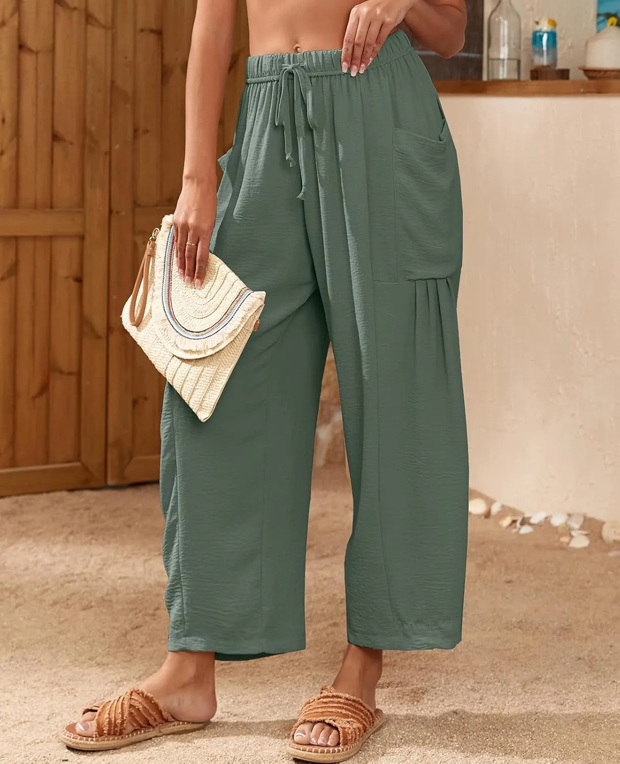 HOTIAN Women Wide Leg Pants Summer Casual Beach Loose Fit Drawstring Palazzo Harem Pant with Pockets