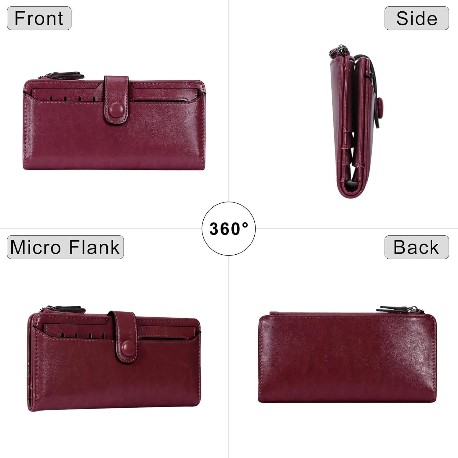HUA ANGEL Womens Wallet Slim Thin Waxed Leather Billfold Clutch Multi Card Holder with Coin Pocket Large Capacity Long Purse