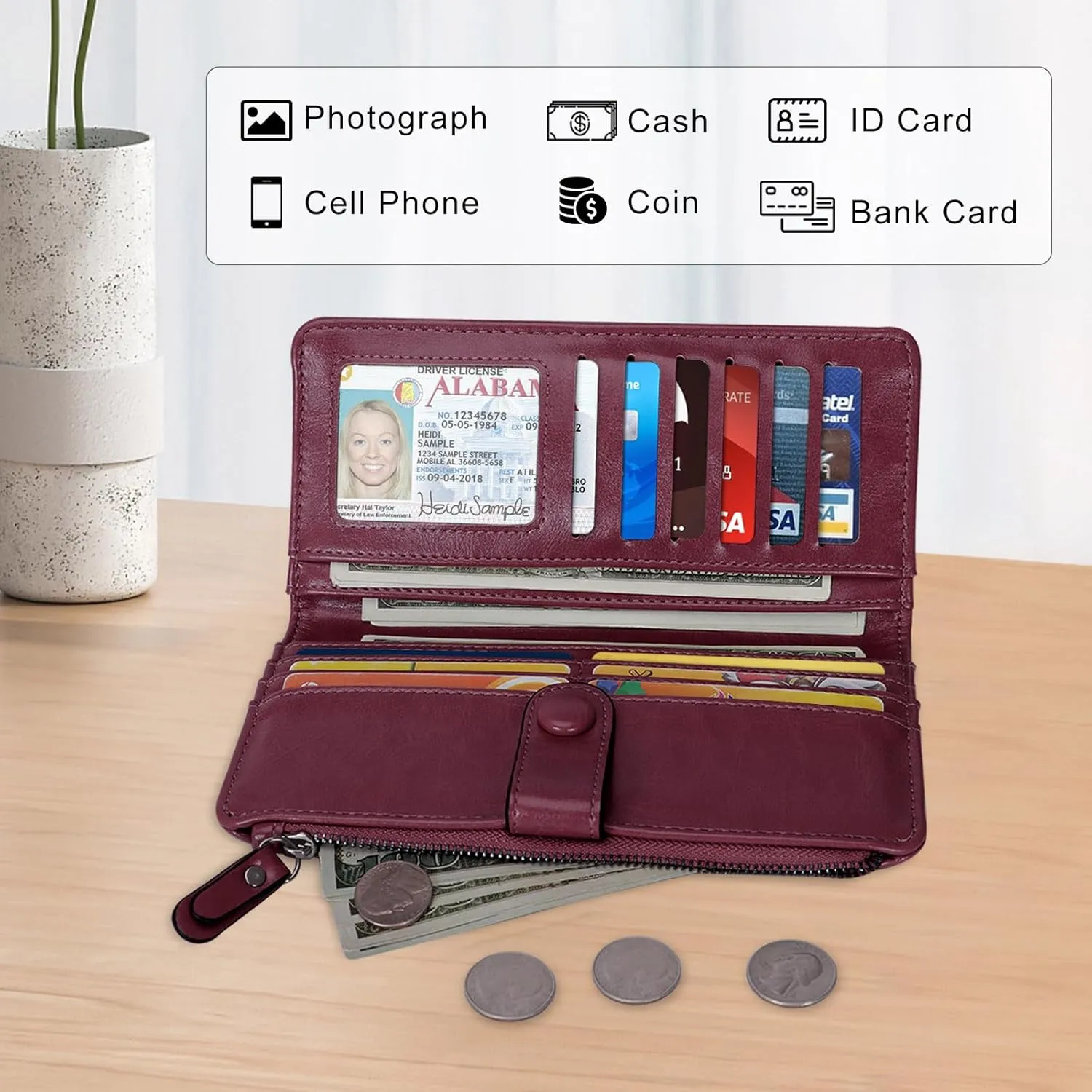 HUA ANGEL Womens Wallet Slim Thin Waxed Leather Billfold Clutch Multi Card Holder with Coin Pocket Large Capacity Long Purse
