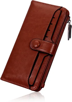 HUA ANGEL Womens Wallet Slim Thin Waxed Leather Billfold Clutch Multi Card Holder with Coin Pocket Large Capacity Long Purse