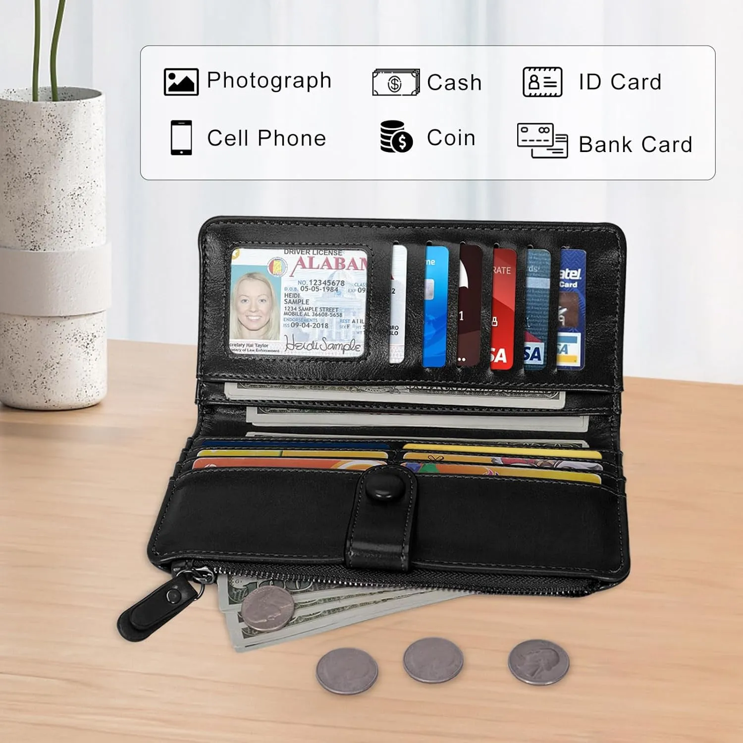 HUA ANGEL Womens Wallet Slim Thin Waxed Leather Billfold Clutch Multi Card Holder with Coin Pocket Large Capacity Long Purse