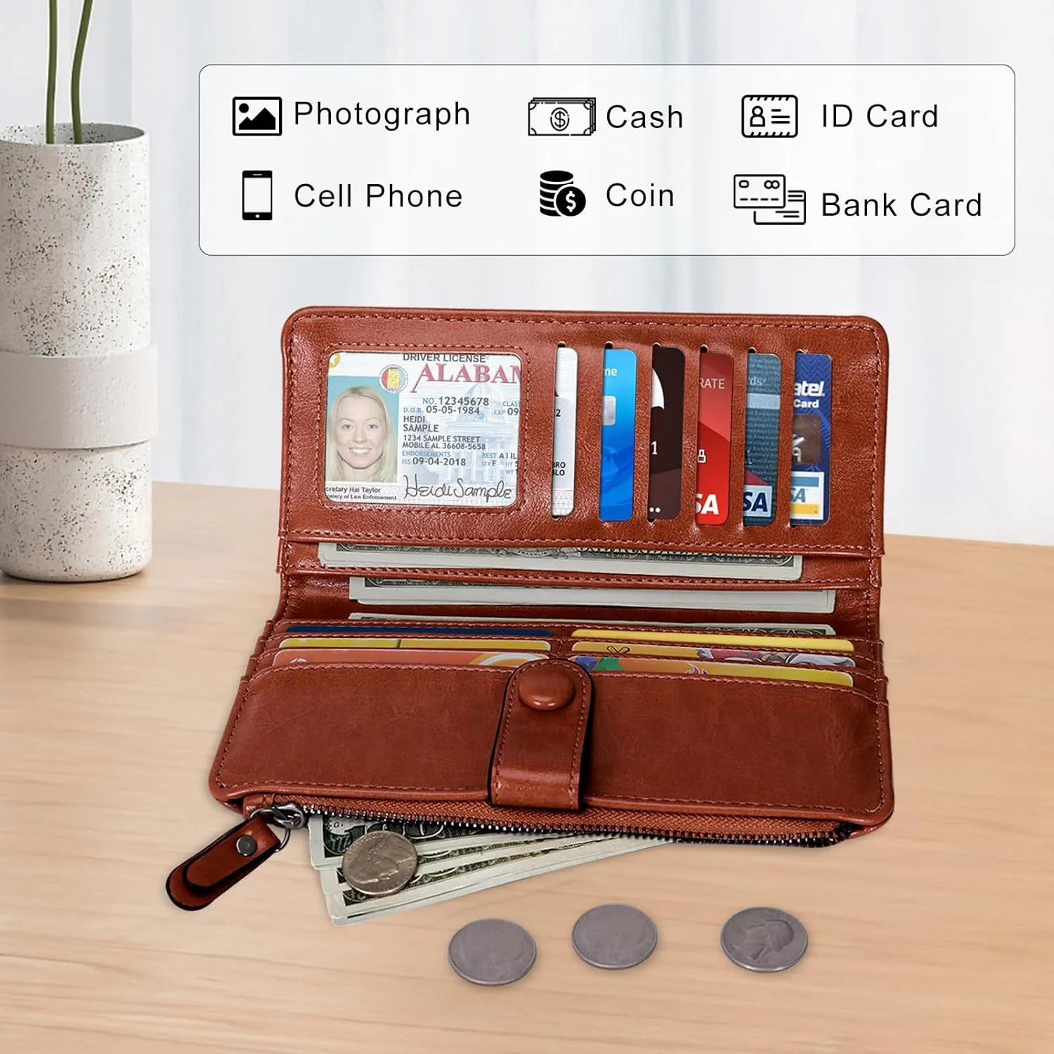 HUA ANGEL Womens Wallet Slim Thin Waxed Leather Billfold Clutch Multi Card Holder with Coin Pocket Large Capacity Long Purse