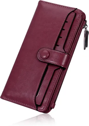 HUA ANGEL Womens Wallet Slim Thin Waxed Leather Billfold Clutch Multi Card Holder with Coin Pocket Large Capacity Long Purse