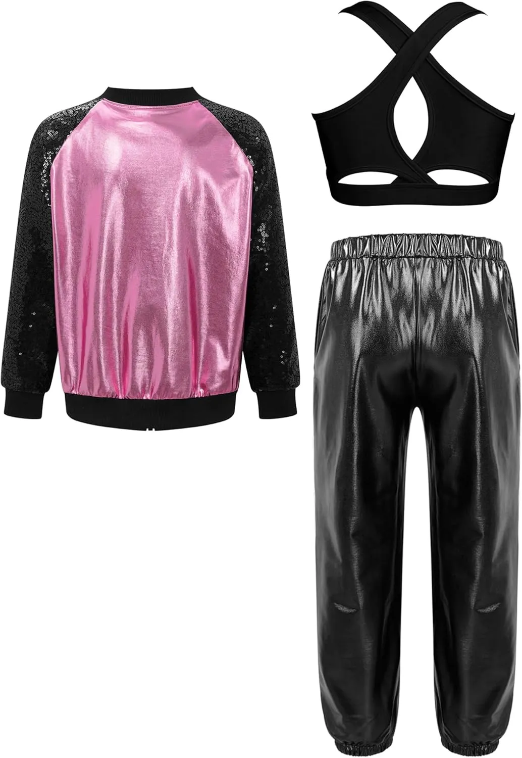 Hularka Kids Girls Hip Hop Street Dance Outfits Sequins Long Sleeve Bomber Jacket and Shiny Metallic Harem Pants Set
