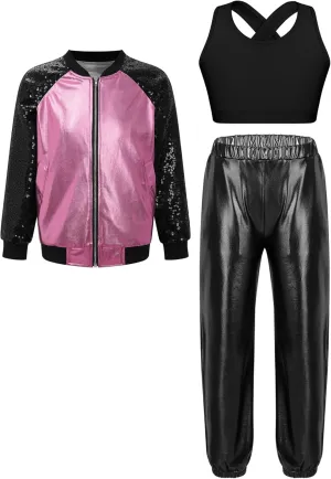 Hularka Kids Girls Hip Hop Street Dance Outfits Sequins Long Sleeve Bomber Jacket and Shiny Metallic Harem Pants Set