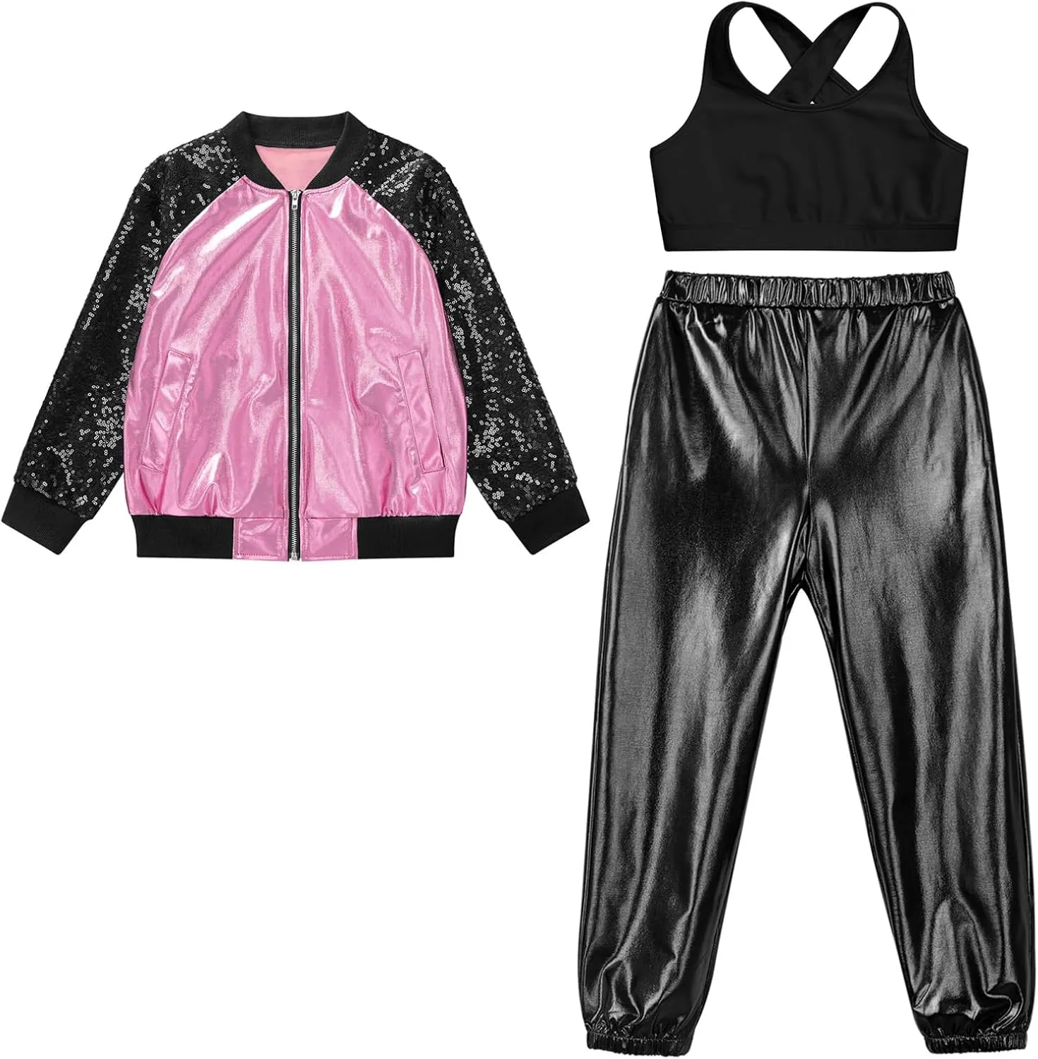 Hularka Kids Girls Hip Hop Street Dance Outfits Sequins Long Sleeve Bomber Jacket and Shiny Metallic Harem Pants Set
