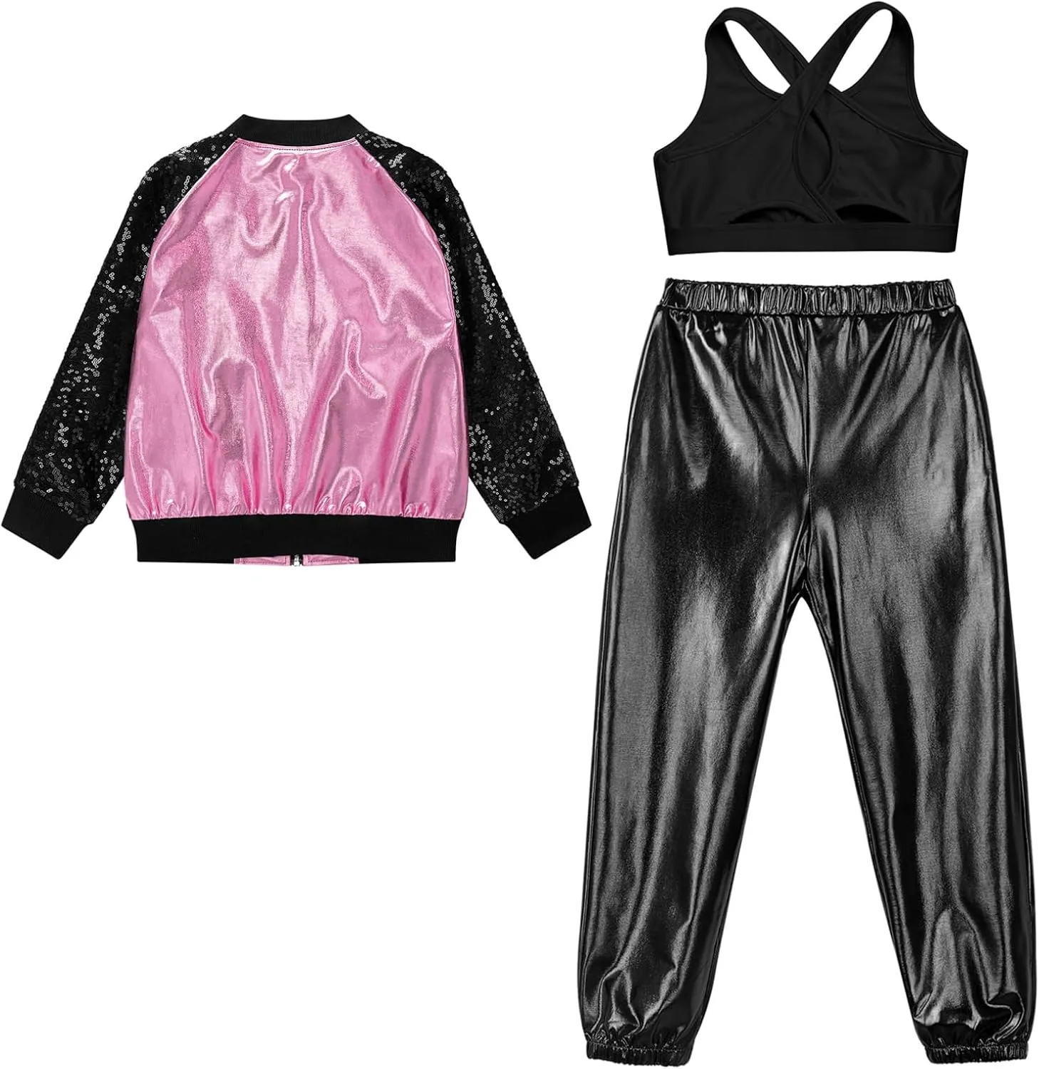 Hularka Kids Girls Hip Hop Street Dance Outfits Sequins Long Sleeve Bomber Jacket and Shiny Metallic Harem Pants Set