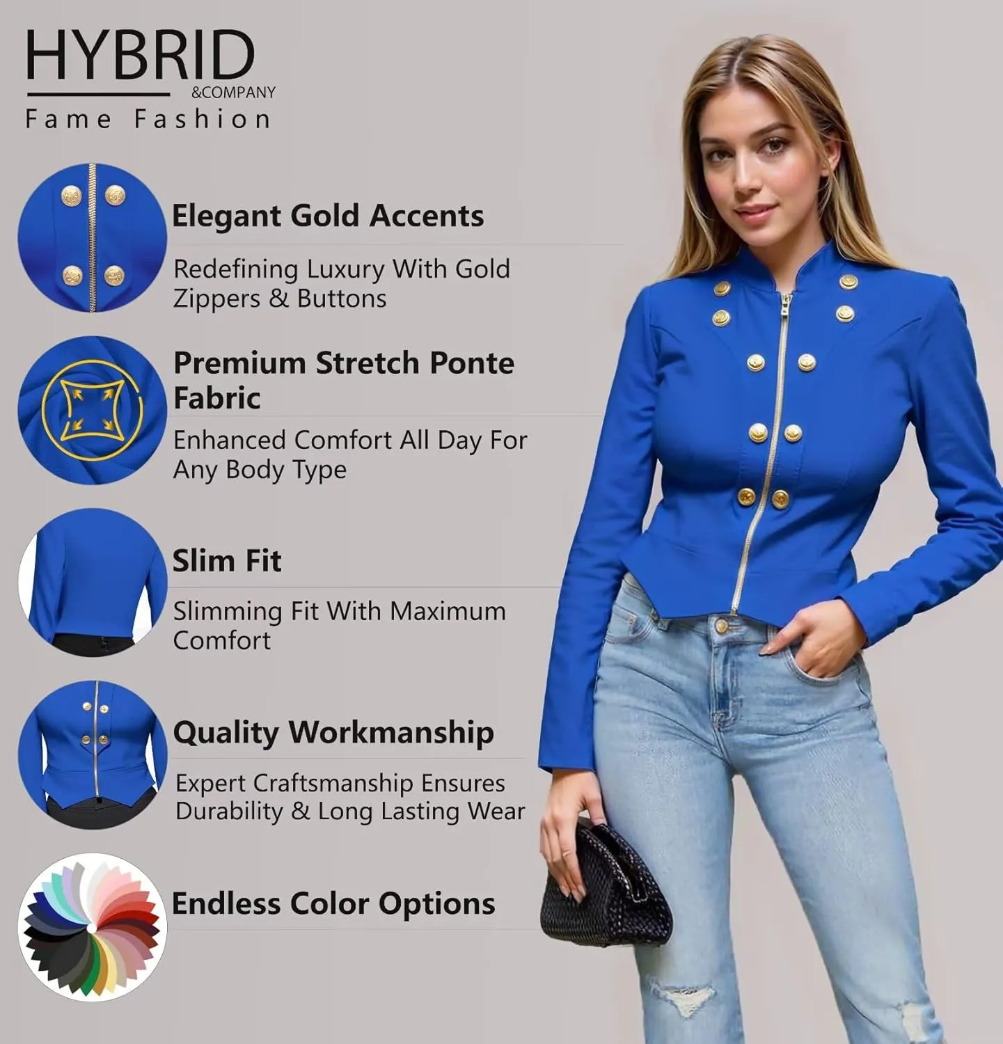 Hybrid & Company Womens Blazer Cropped Ponte Fabric Open Front Zipper Dress Jacket Casual Slim Jacket