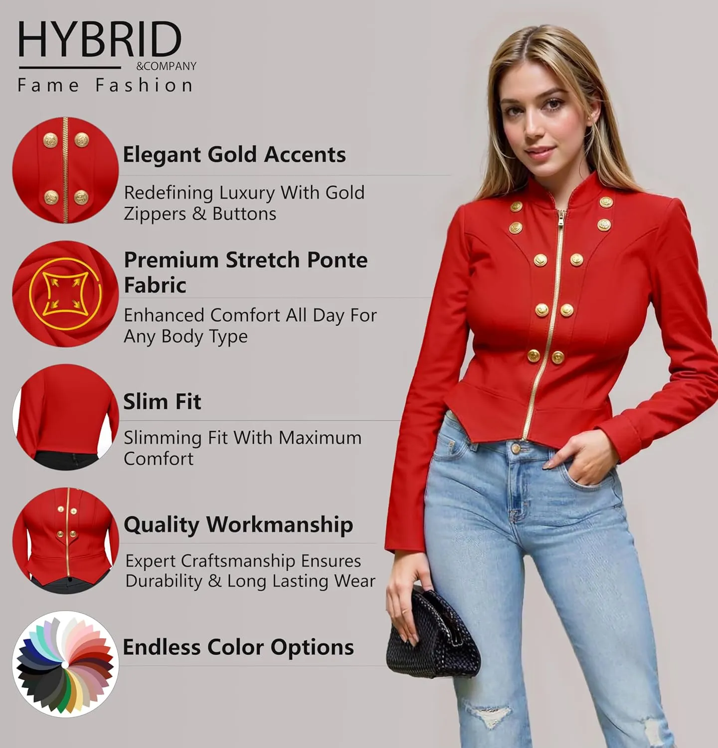 Hybrid & Company Womens Blazer Cropped Ponte Fabric Open Front Zipper Dress Jacket Casual Slim Jacket
