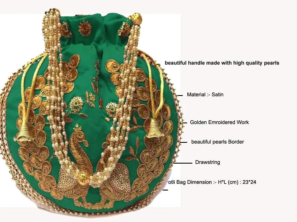 Indian Ethnic Designer Embroidered Silk Potli Bag Batwa Pearls Handle Purse Clutch Purse for Women