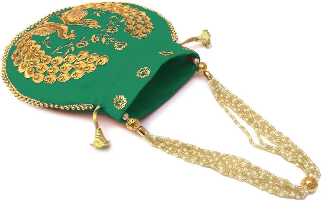 Indian Ethnic Designer Embroidered Silk Potli Bag Batwa Pearls Handle Purse Clutch Purse for Women