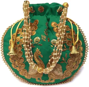 Indian Ethnic Designer Embroidered Silk Potli Bag Batwa Pearls Handle Purse Clutch Purse for Women