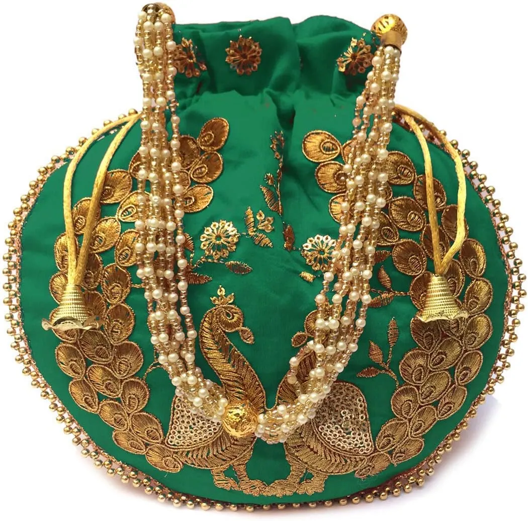 Indian Ethnic Designer Embroidered Silk Potli Bag Batwa Pearls Handle Purse Clutch Purse for Women