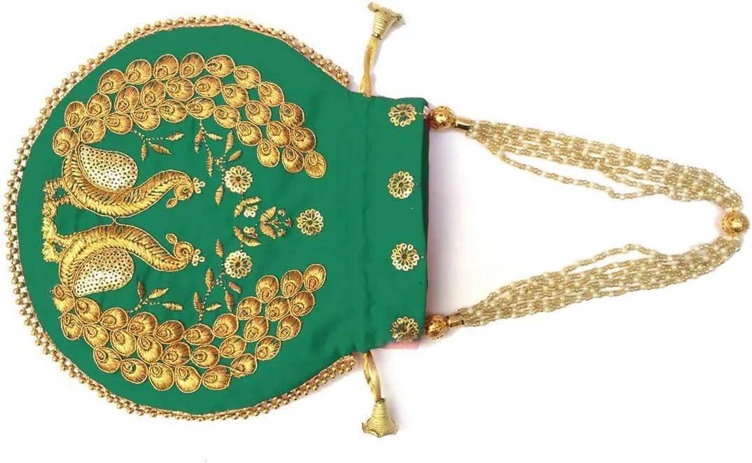 Indian Ethnic Designer Embroidered Silk Potli Bag Batwa Pearls Handle Purse Clutch Purse for Women