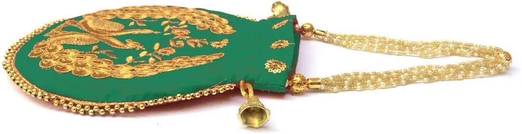 Indian Ethnic Designer Embroidered Silk Potli Bag Batwa Pearls Handle Purse Clutch Purse for Women