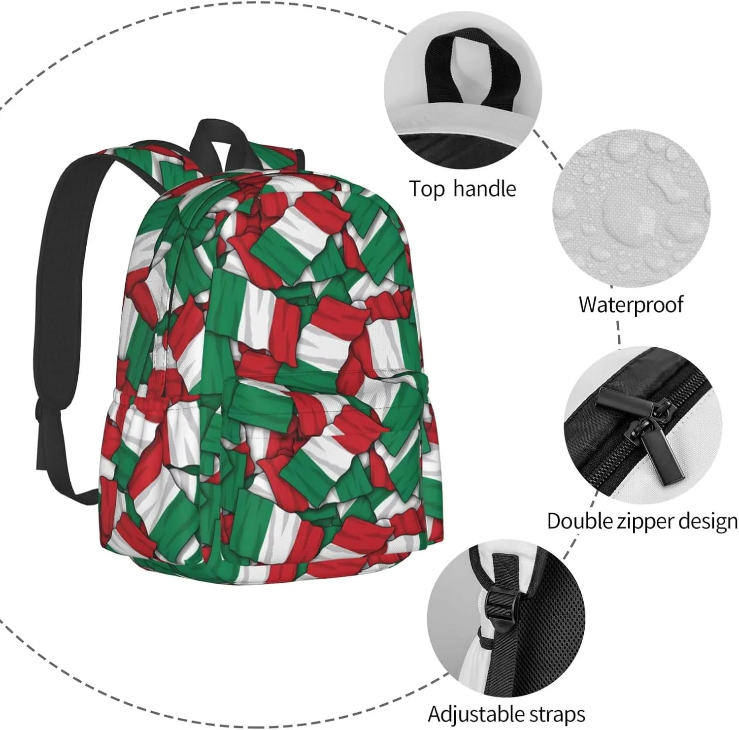 Italian Flag Large Capacity Backpack Casual Double Shoulder Bag Laptop Backpack Travel Daypack For Women Men