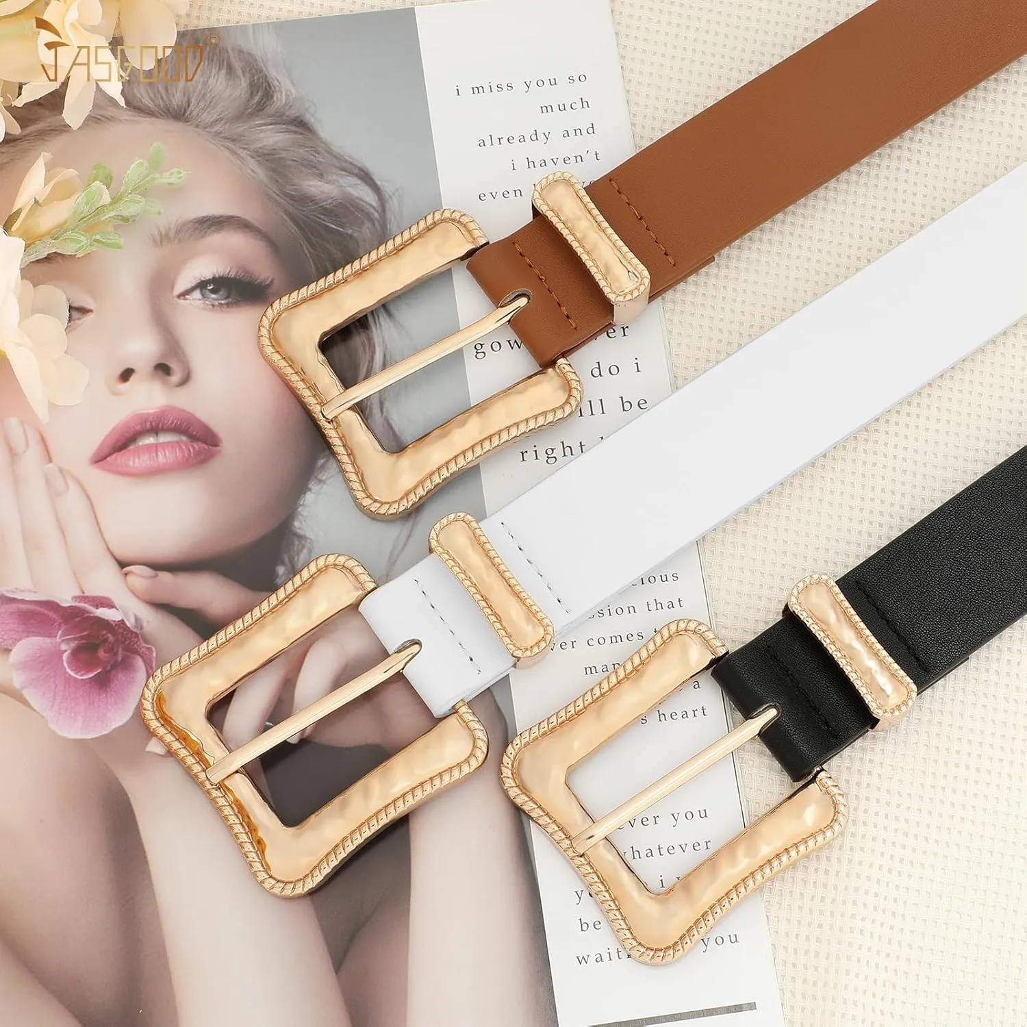 JASGOOD Plus Size Women's Leather Belt for Jeans Pants, Fashion Ladies Waist Belt with Gold Buckle