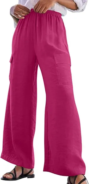 jovati High Waist Pants for Womens Linen Wide Leg Drawstring Waist Trousers Boho Business Casual Pants with Pockets