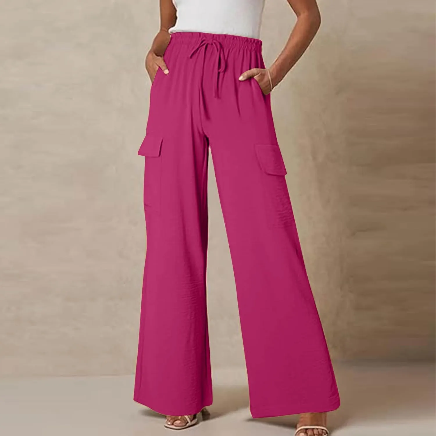 jovati High Waist Pants for Womens Linen Wide Leg Drawstring Waist Trousers Boho Business Casual Pants with Pockets