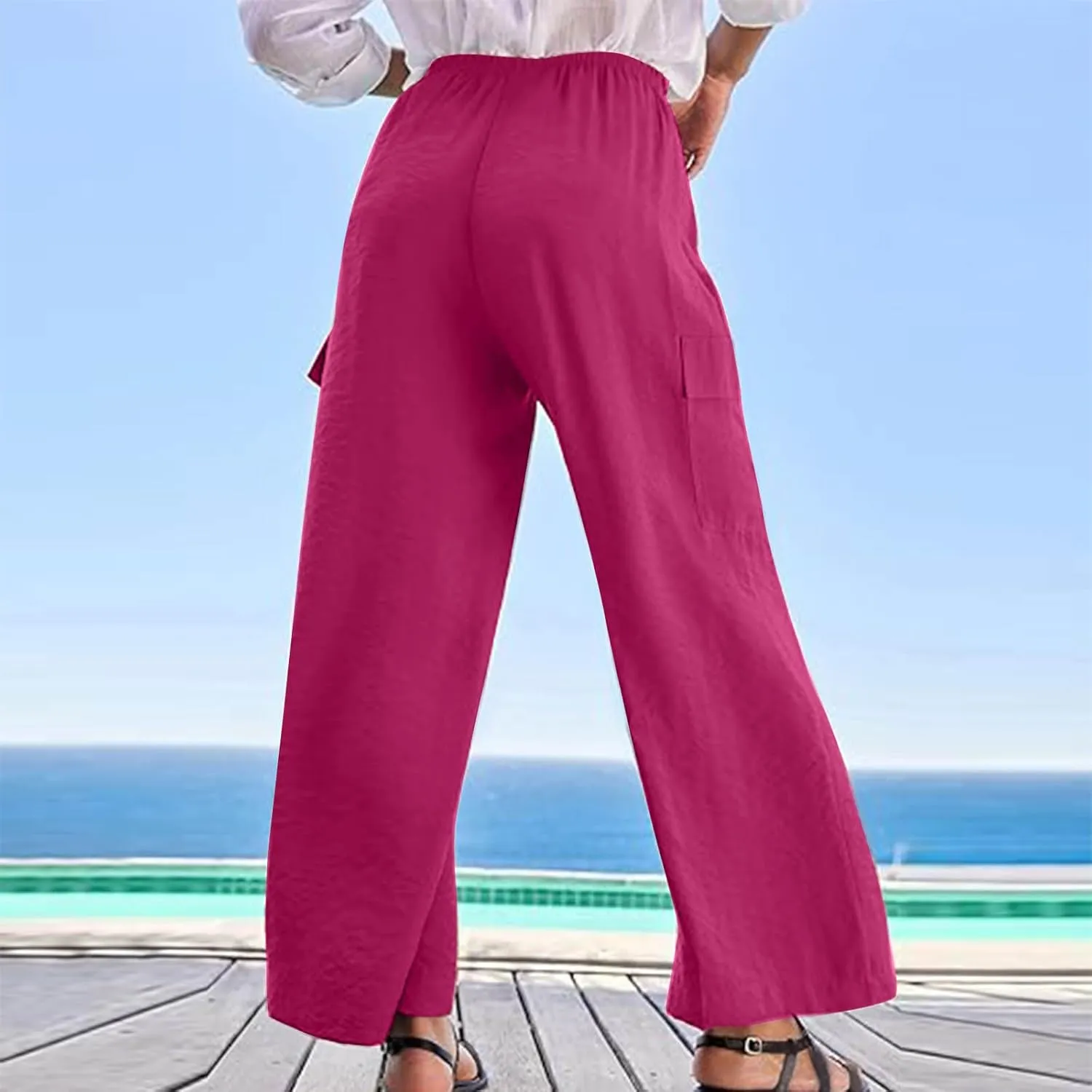 jovati High Waist Pants for Womens Linen Wide Leg Drawstring Waist Trousers Boho Business Casual Pants with Pockets