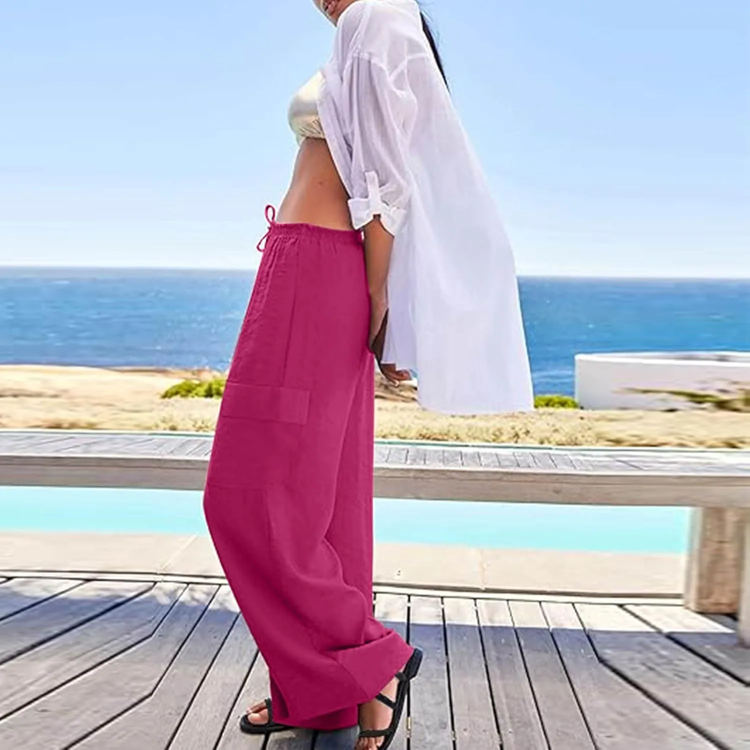 jovati High Waist Pants for Womens Linen Wide Leg Drawstring Waist Trousers Boho Business Casual Pants with Pockets