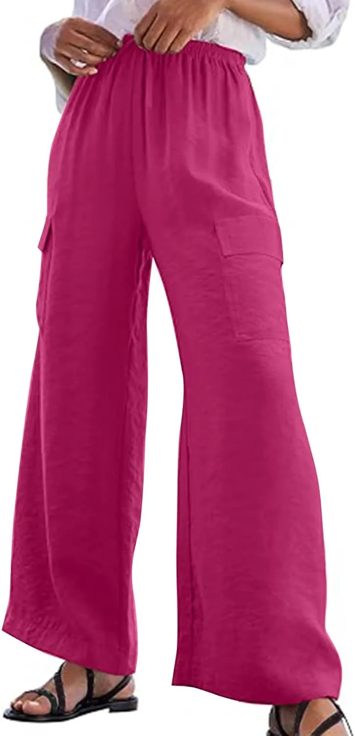 jovati High Waist Pants for Womens Linen Wide Leg Drawstring Waist Trousers Boho Business Casual Pants with Pockets