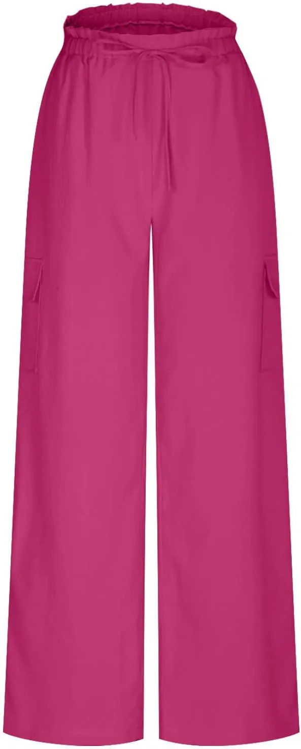 jovati High Waist Pants for Womens Linen Wide Leg Drawstring Waist Trousers Boho Business Casual Pants with Pockets