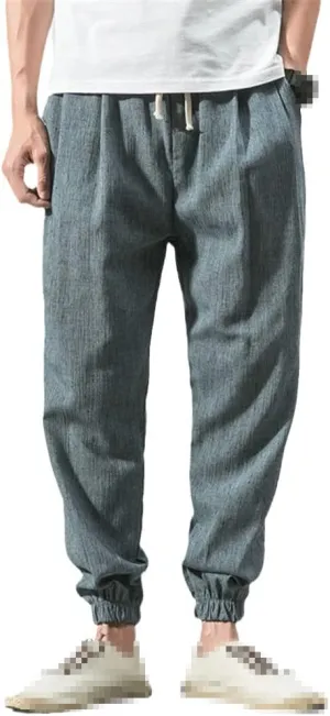 keusyoi Chinese Style Jogger Harem Pants Men Cotton Linen Sweatpants Men Casual Lightweight Trousers Summer Men Pants
