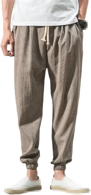 keusyoi Chinese Style Jogger Harem Pants Men Cotton Linen Sweatpants Men Casual Lightweight Trousers Summer Men Pants
