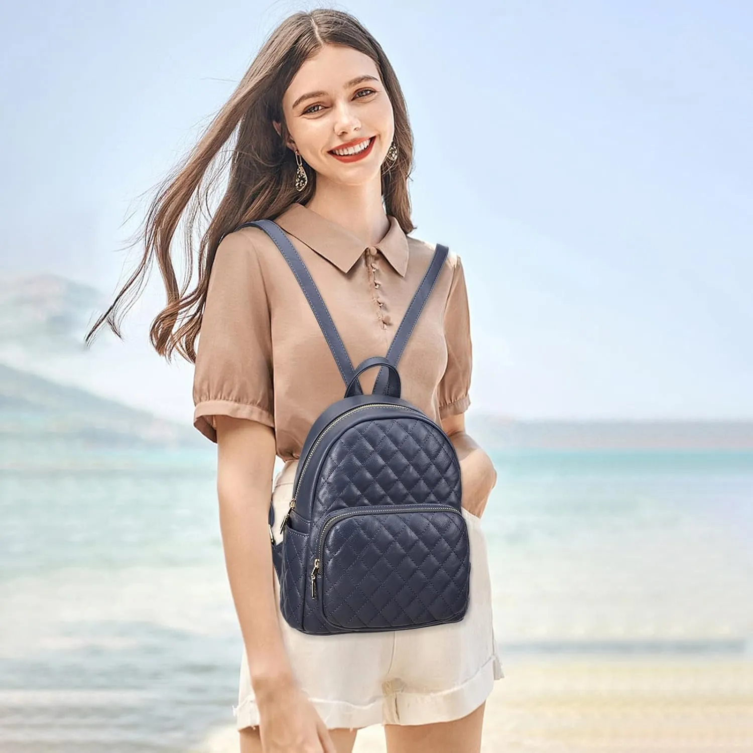 KL928 Quilted Mini Backpack for Women, PU Leather Backpack Purse Designer Satchel Bag, Small Casual Daypack for Ladies (Blue)