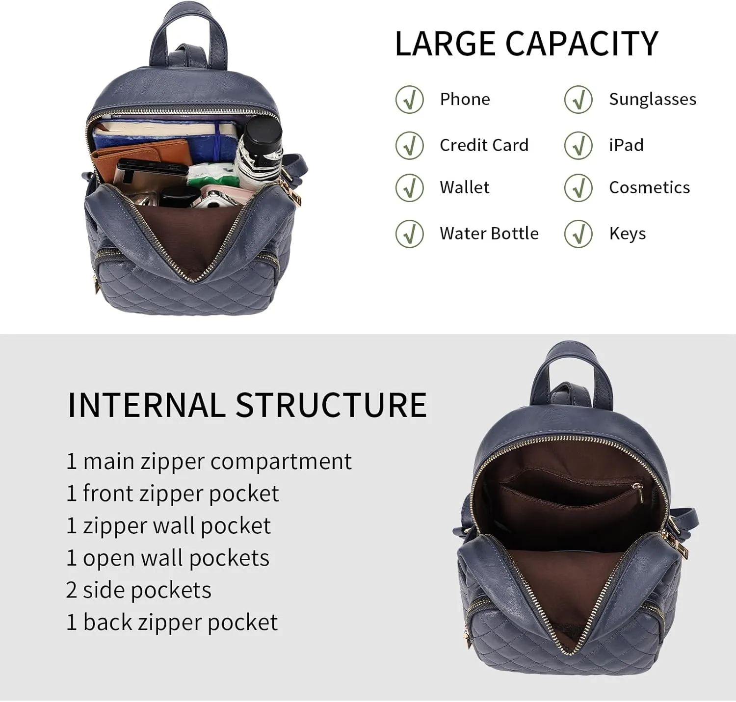 KL928 Quilted Mini Backpack for Women, PU Leather Backpack Purse Designer Satchel Bag, Small Casual Daypack for Ladies (Blue)