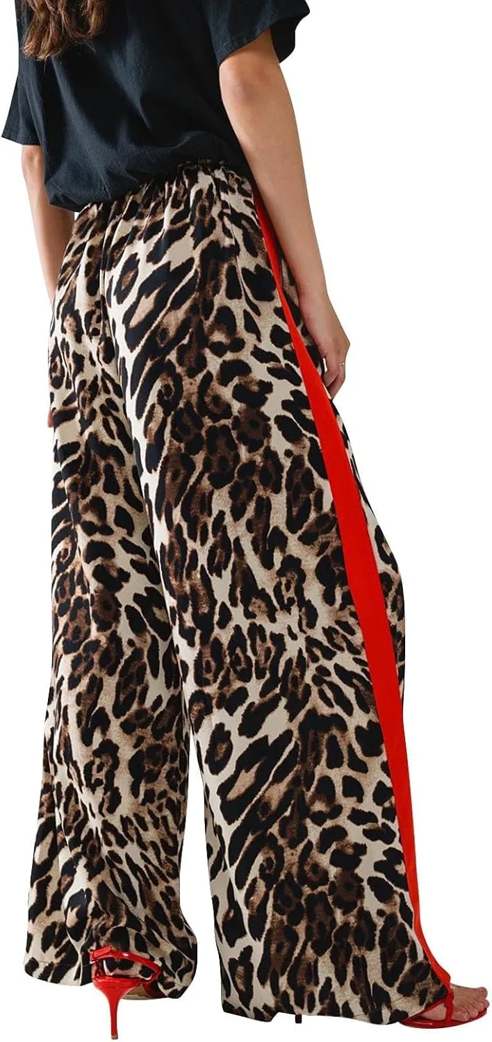Kubbon Leopard Pants Women Elastic Waisted Wide Leg Pants Casual Stretchy Lounge Pant Palazzo Trousers with Pockets