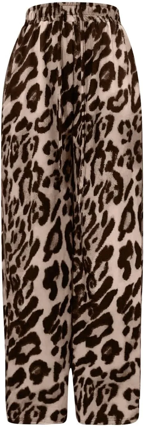 Kubbon Leopard Pants Women Elastic Waisted Wide Leg Pants Casual Stretchy Lounge Pant Palazzo Trousers with Pockets