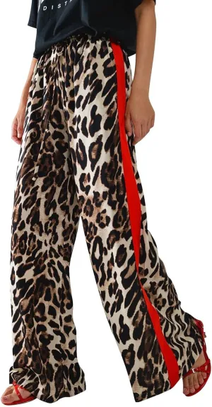Kubbon Leopard Pants Women Elastic Waisted Wide Leg Pants Casual Stretchy Lounge Pant Palazzo Trousers with Pockets