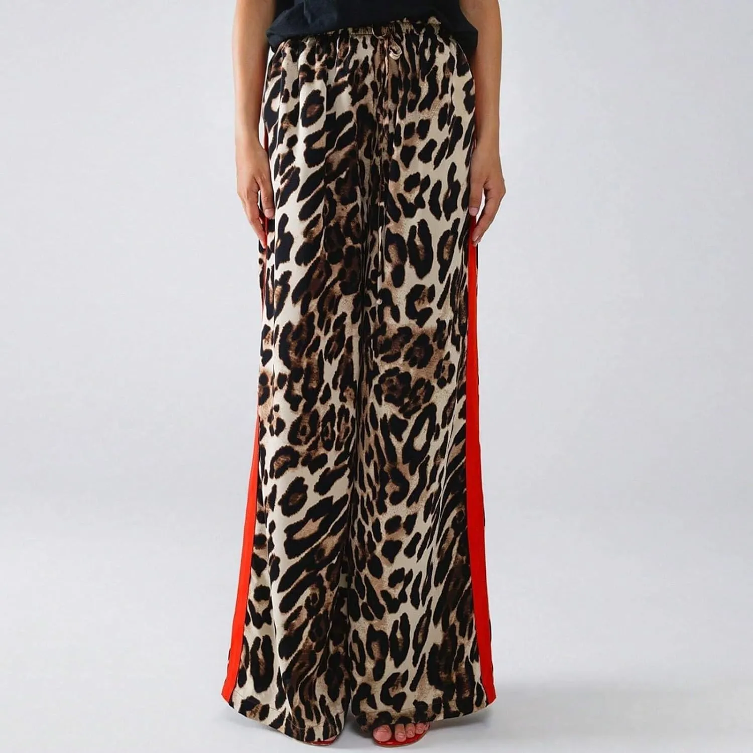 Kubbon Leopard Pants Women Elastic Waisted Wide Leg Pants Casual Stretchy Lounge Pant Palazzo Trousers with Pockets