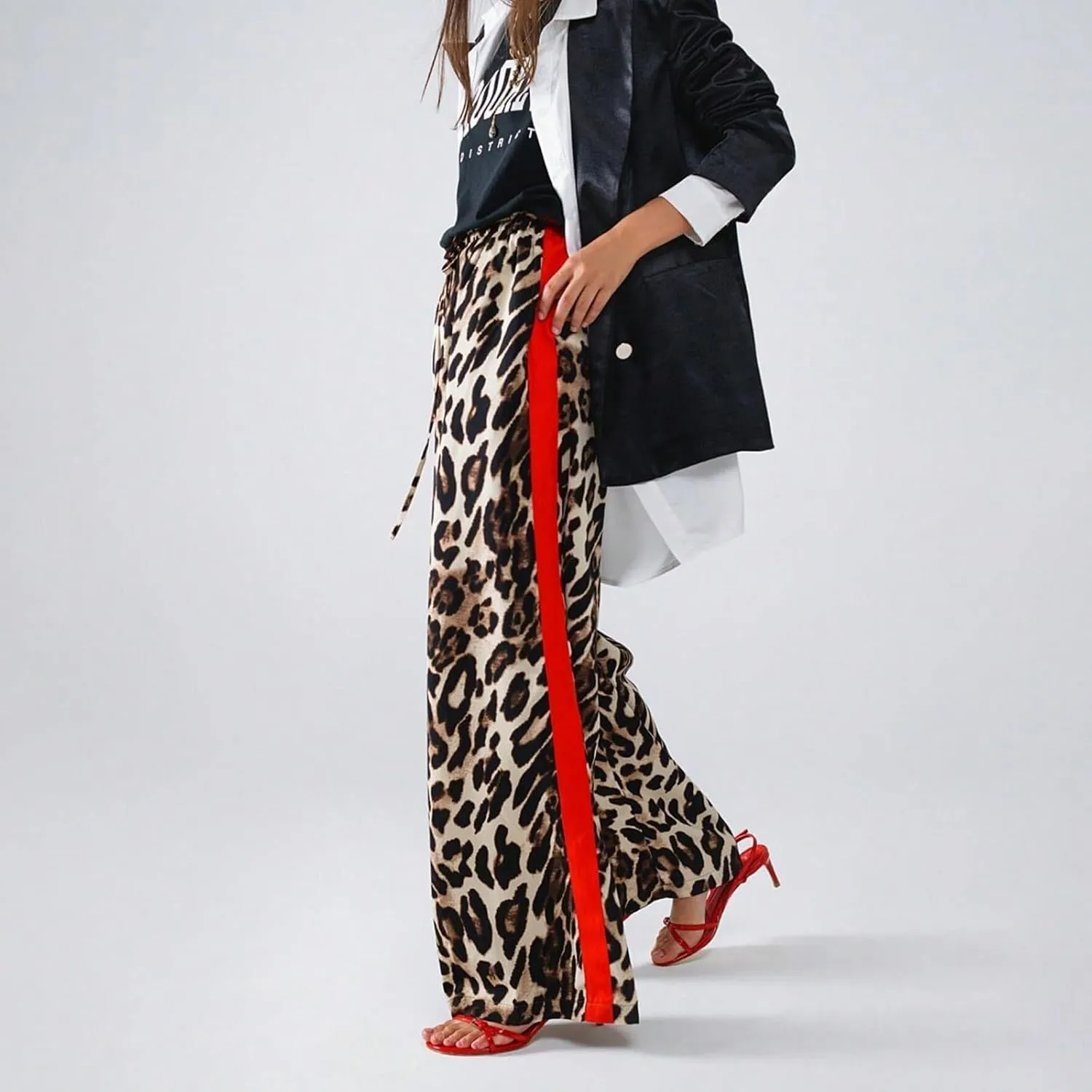 Kubbon Leopard Pants Women Elastic Waisted Wide Leg Pants Casual Stretchy Lounge Pant Palazzo Trousers with Pockets