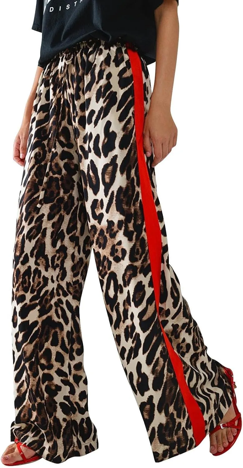 Kubbon Leopard Pants Women Elastic Waisted Wide Leg Pants Casual Stretchy Lounge Pant Palazzo Trousers with Pockets