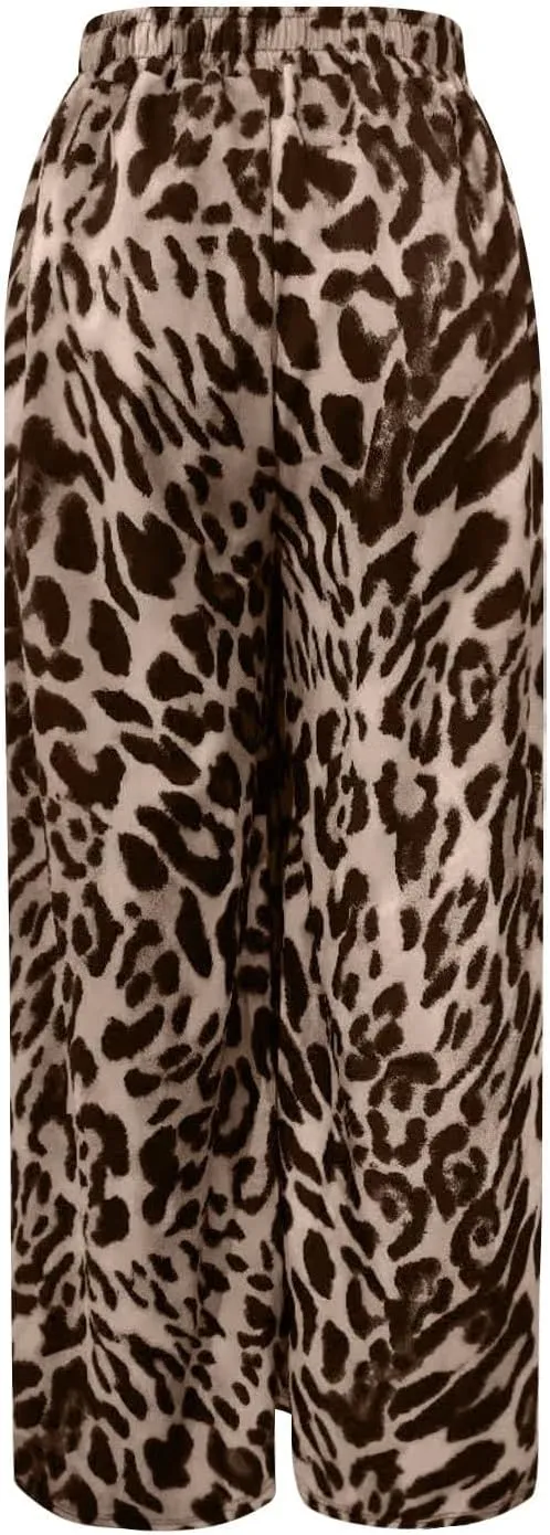 Kubbon Leopard Pants Women Elastic Waisted Wide Leg Pants Casual Stretchy Lounge Pant Palazzo Trousers with Pockets
