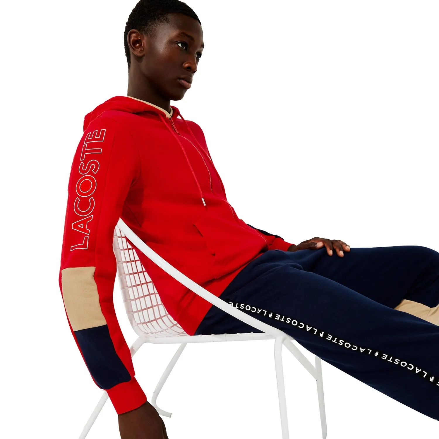 Lacoste Men's Fleece Zip Up Hoodie Red-Beige-Navy