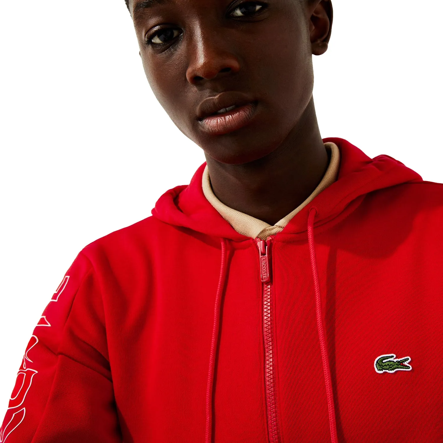 Lacoste Men's Fleece Zip Up Hoodie Red-Beige-Navy