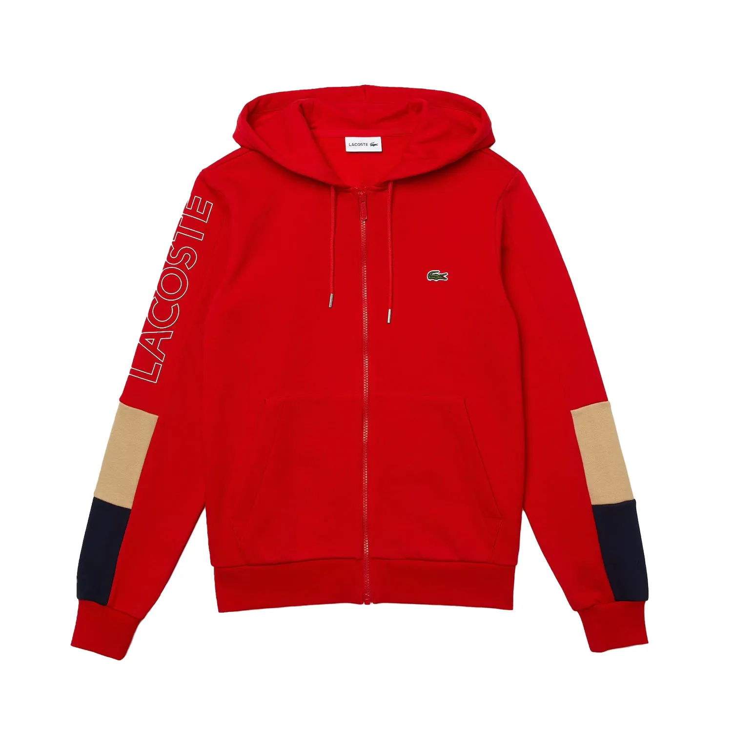 Lacoste Men's Fleece Zip Up Hoodie Red-Beige-Navy